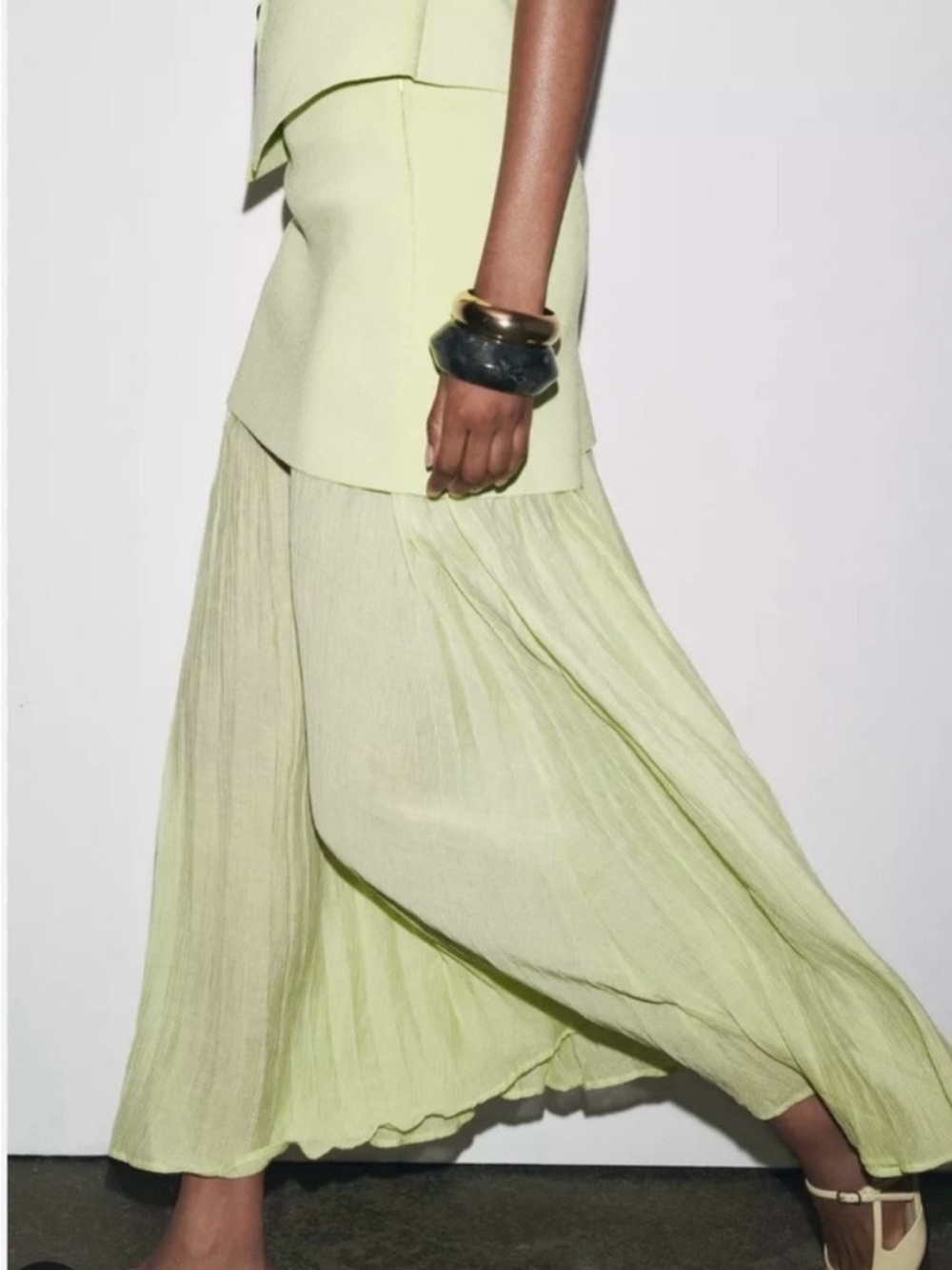 Zara Pale Lime Pleated Maxi Skirt